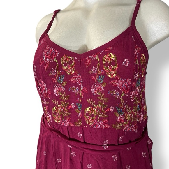 TORRID Maroon Red Sugar Skull Floral Print Belted Tank Midi Dress 3 3X - Picture 6 of 12